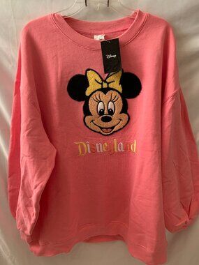 DISNEYLAND Minnie Mouse Chenille Embroidered Crew Neck Sweater in Pink Sz LARGE